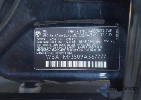 2009 BMW 335I z USA, uszkodzony, nr VIN WBAPM73509A367777